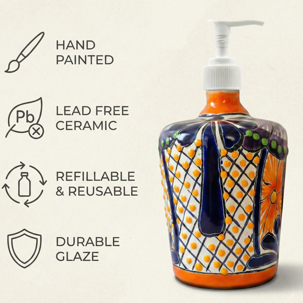 Soap dispenser features: hand-painted, lead-free ceramic, refillable, durable glaze