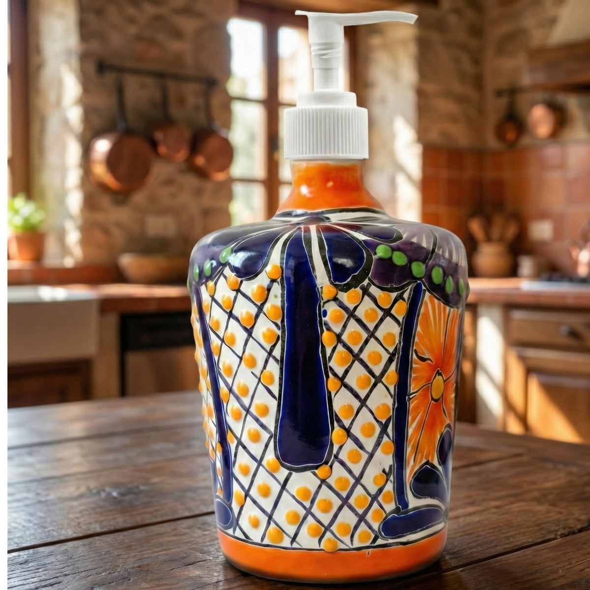 Multicolor soap dispenser in a rustic kitchen