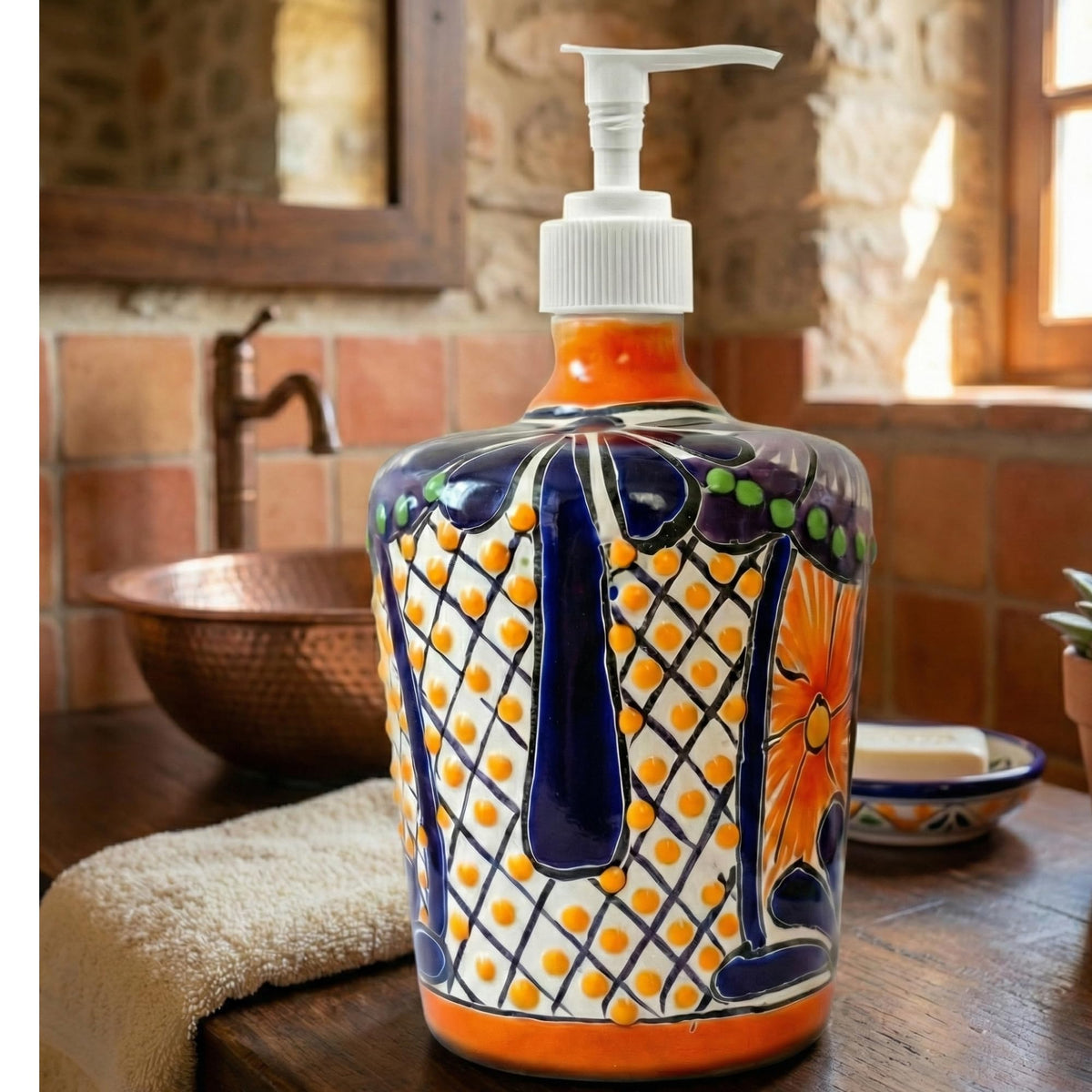 Multicolor barrel soap dispenser on a bathroom counter