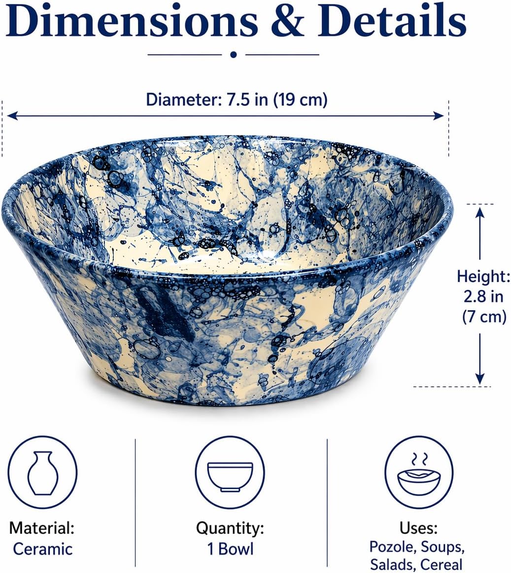 Blue & White Mexican Pozole Bowl — front view