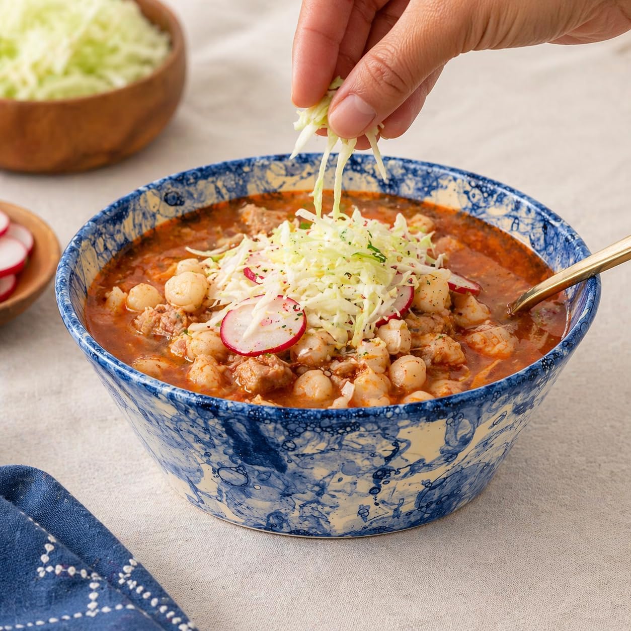 Blue & White Mexican Pozole Bowl — top view
