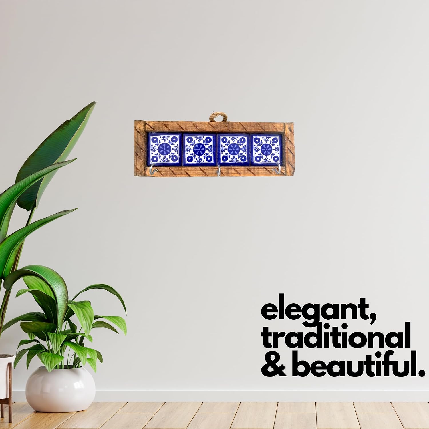 Mexican Talavera, Style Key Holder, Blue & White — angled view