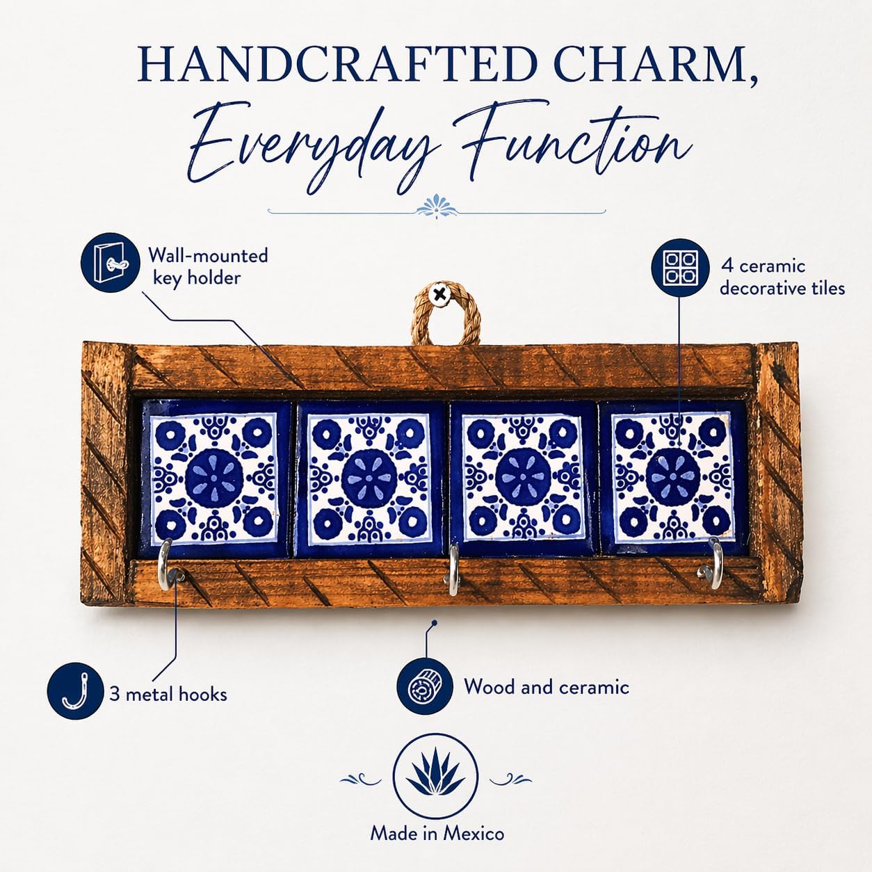 Mexican Talavera, Style Key Holder, Blue & White — alternate angle