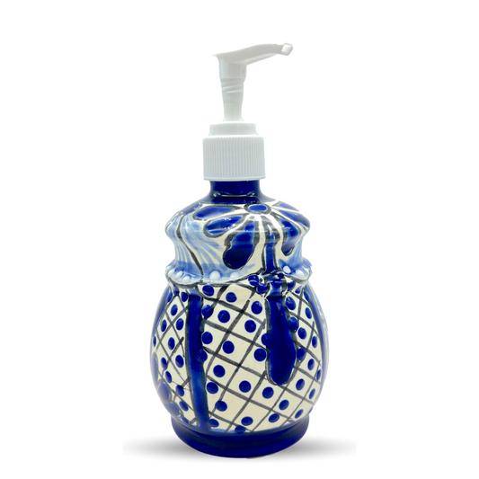 main image Hand-painted Talavera Ceramic Soap Dispenser in blue and white, a unique addition to kitchen or bathroom decor.