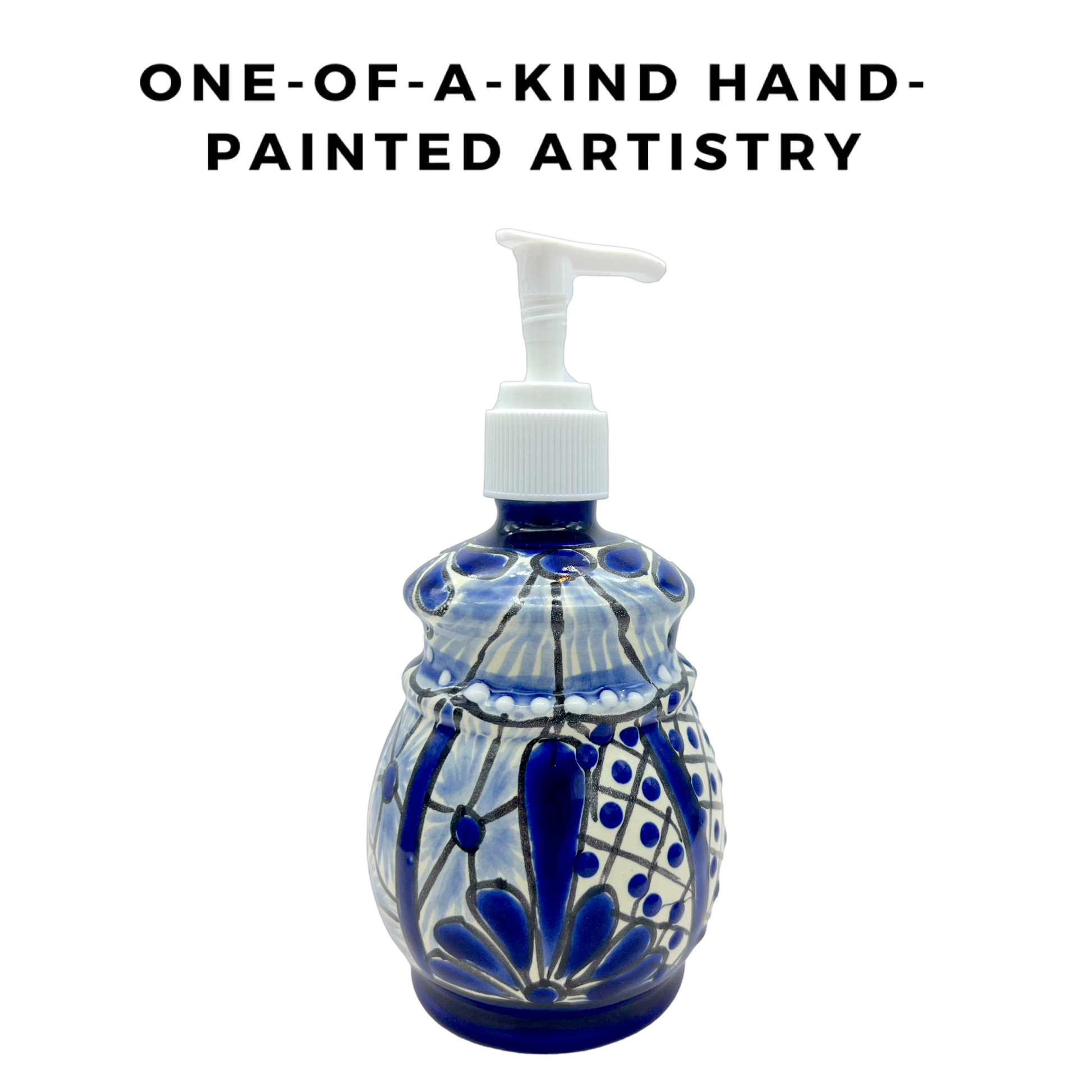 Hand-painted Talavera Ceramic Soap Dispenser in blue and white, a unique addition to kitchen or bathroom decor. one of a kind