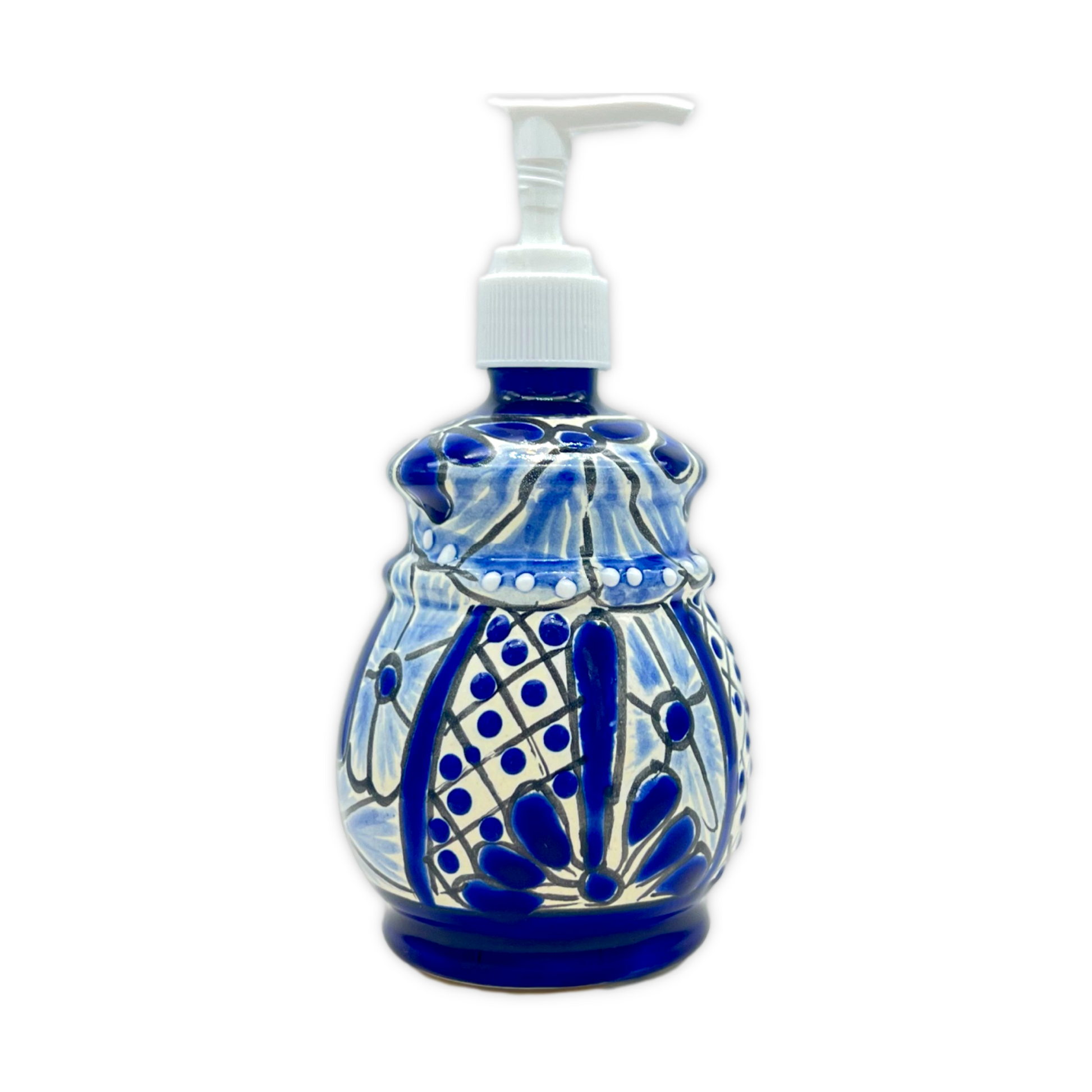 Hand-painted Talavera Ceramic Soap Dispenser in blue and white, a unique addition to kitchen or bathroom decor. side 