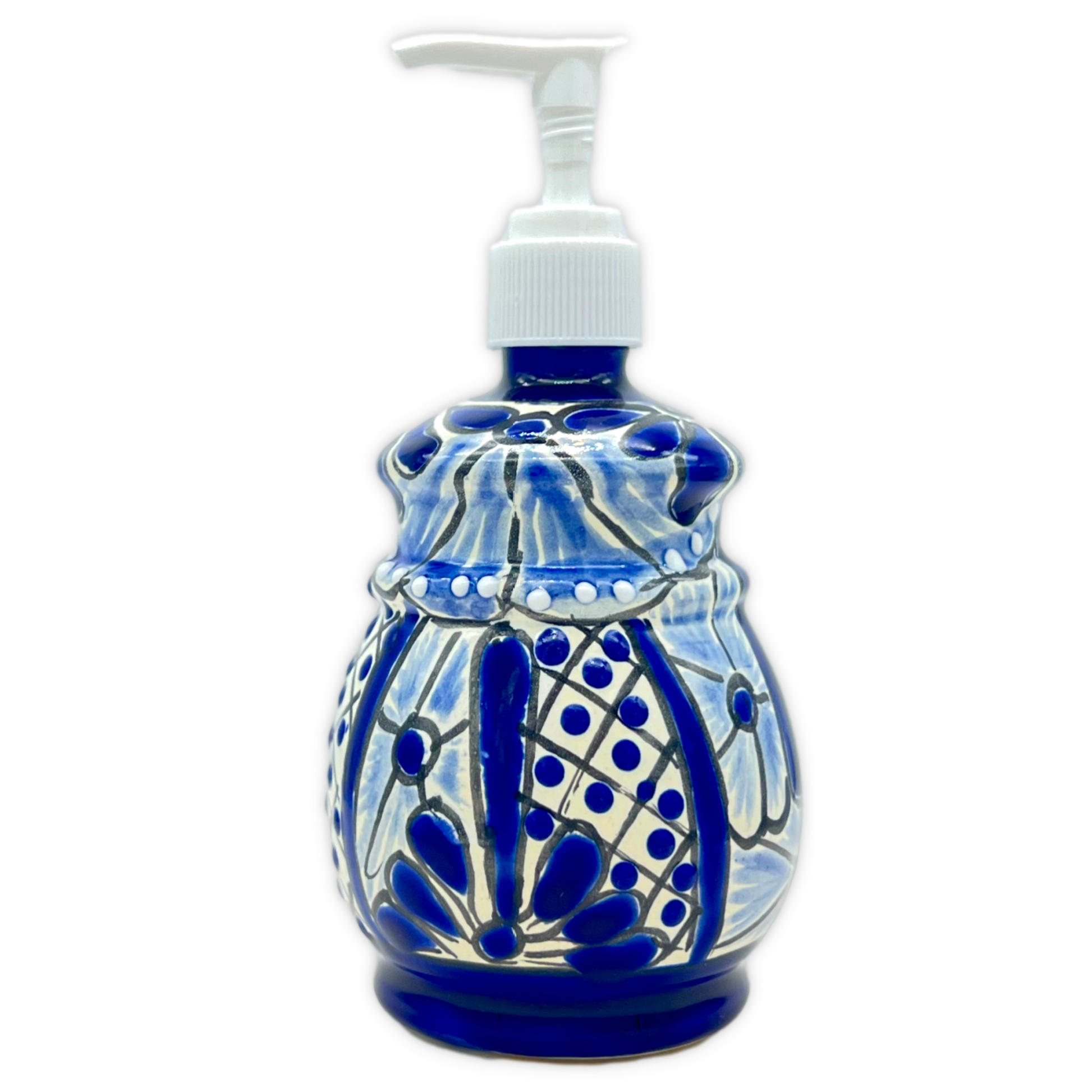 front of Hand-painted Talavera Ceramic Soap Dispenser in blue and white, a unique addition to kitchen or bathroom decor.