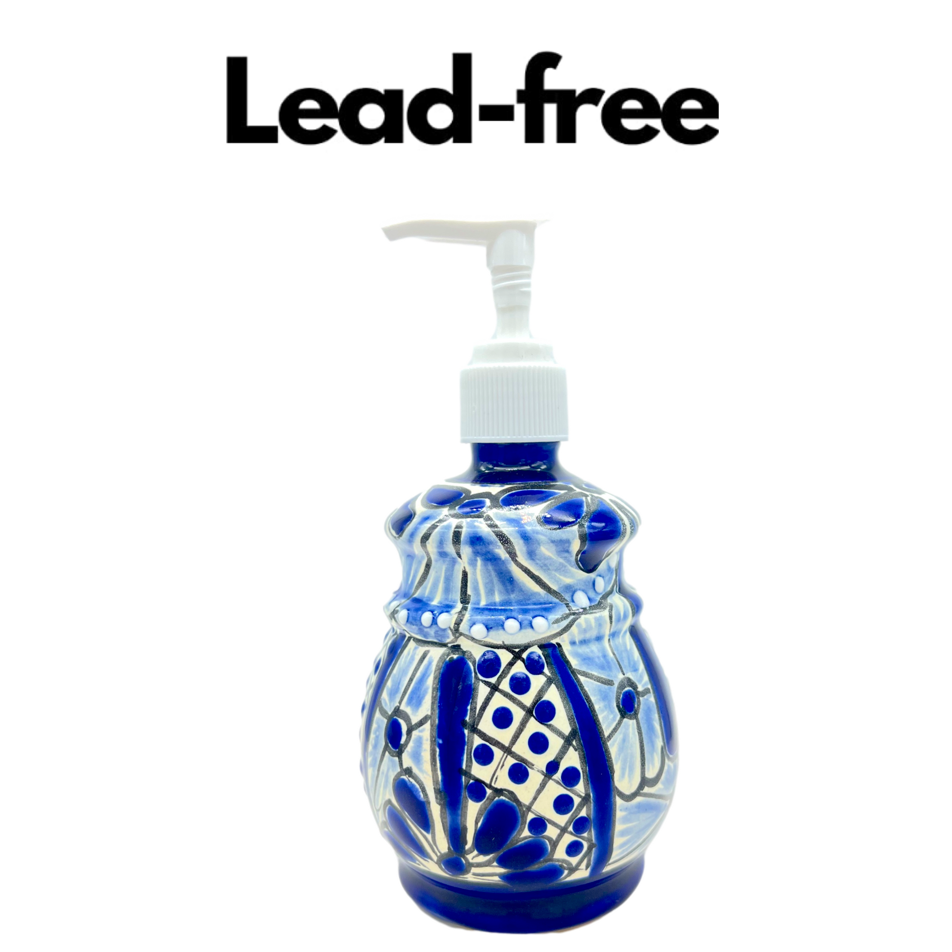 Hand-painted Talavera Ceramic Soap Dispenser in blue and white, a unique addition to kitchen or bathroom decor. is lead free