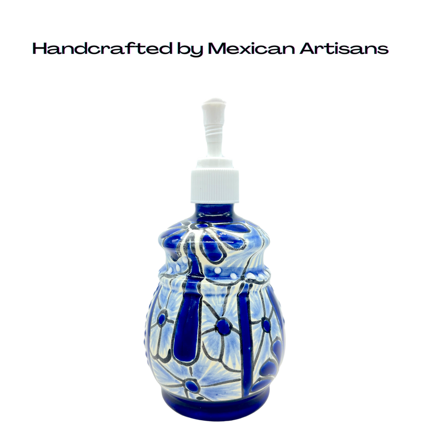 Hand-painted Talavera Ceramic Soap Dispenser in blue and white, a unique addition to kitchen or bathroom decor. handcrafted by mexican artisans