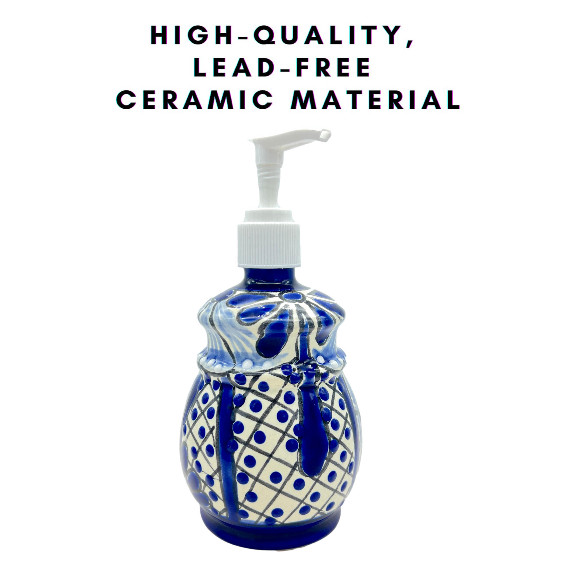 Hand-painted Talavera Ceramic Soap Dispenser in blue and white, a unique addition to kitchen or bathroom decor. high quality ceramic material