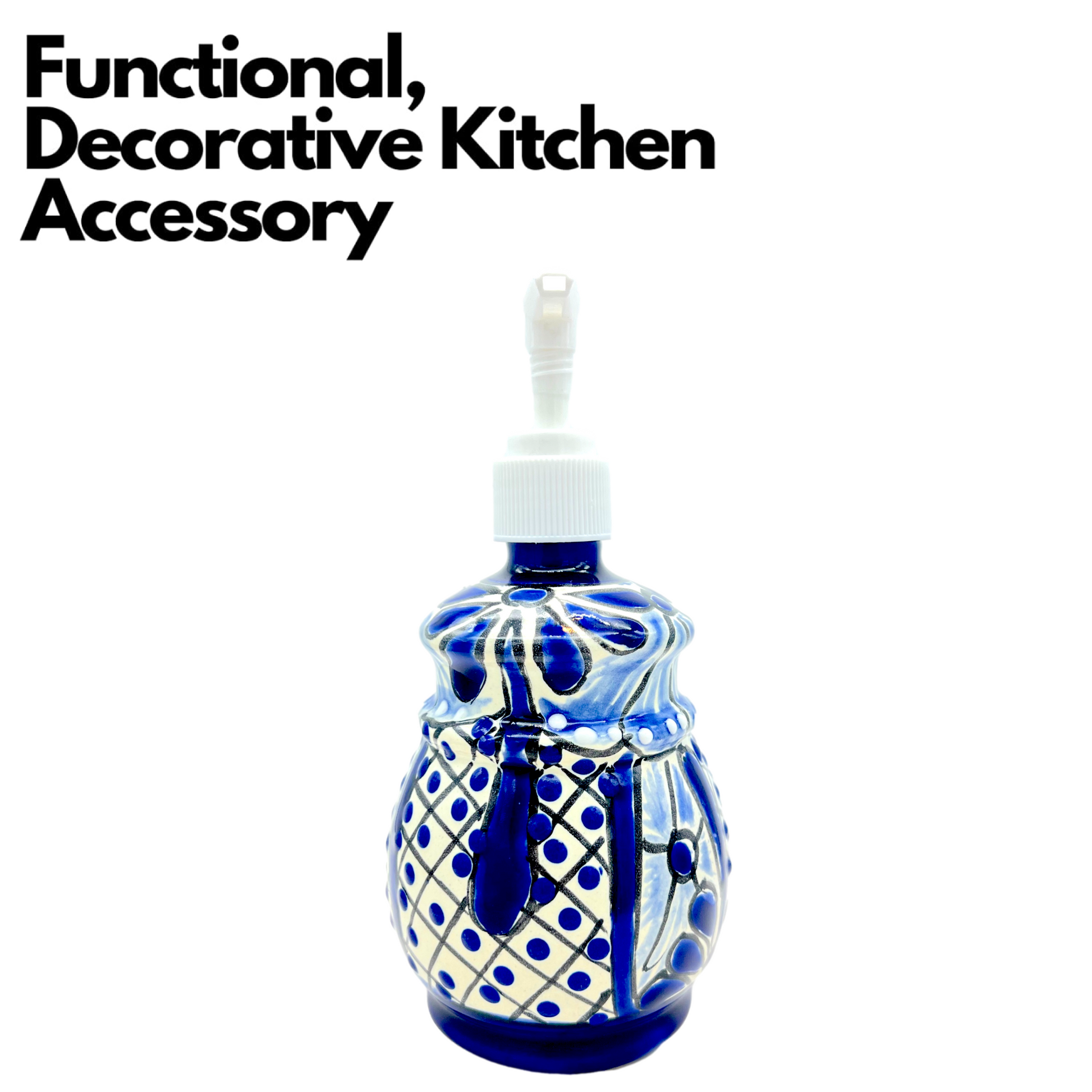 Hand-painted Talavera Ceramic Soap Dispenser in blue and white, a unique addition to kitchen or bathroom decor. decorative kitchen accesory