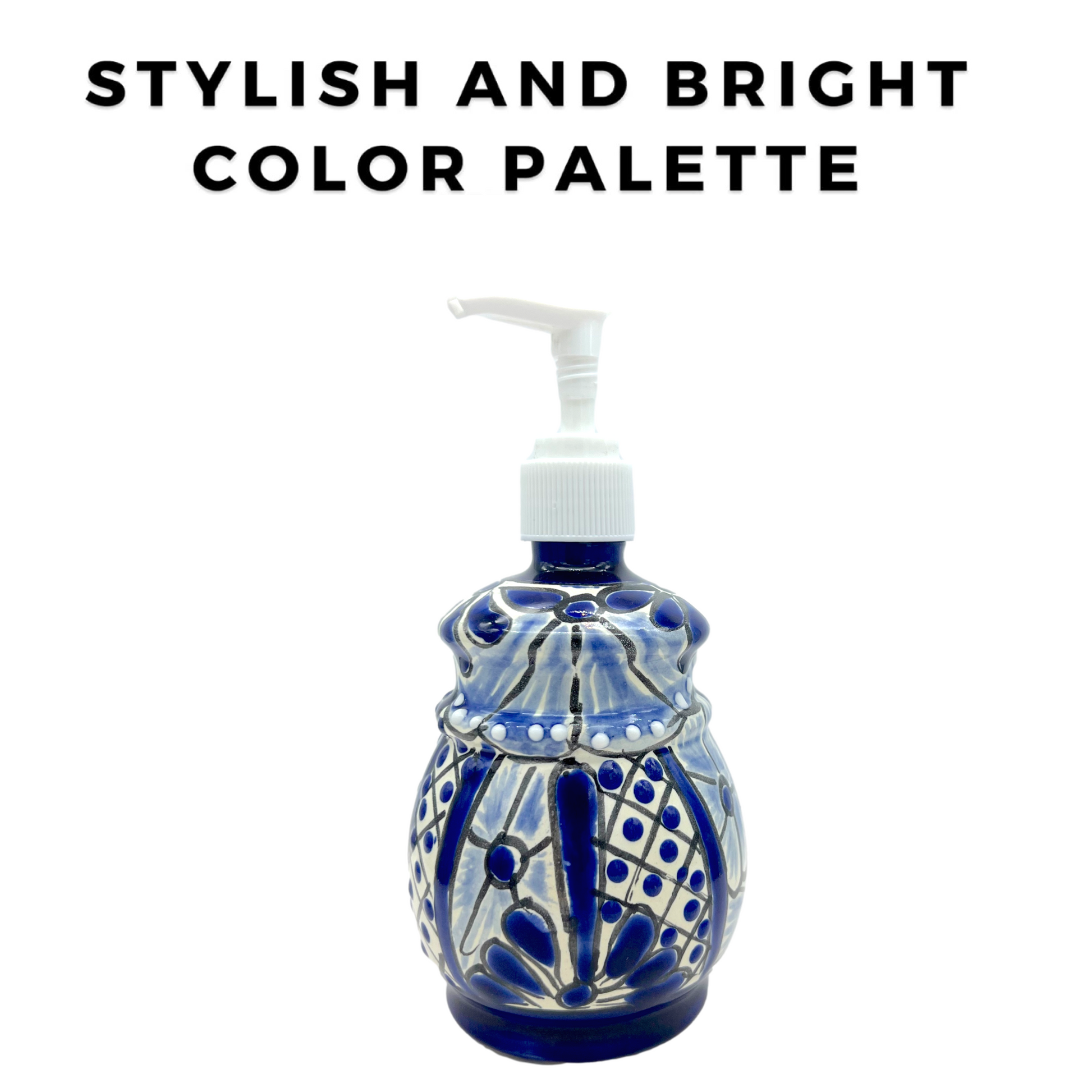 Hand-painted Talavera Ceramic Soap Dispenser in blue and white, a unique addition to kitchen or bathroom decor. stylish color palette