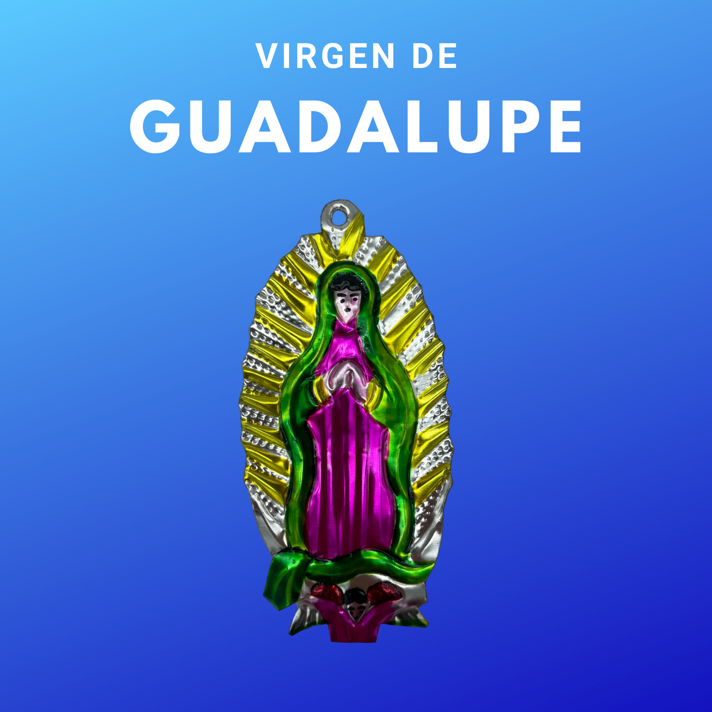 Our Lady of Guadalupe Mexican Milagro Art, a vibrant, handmade piece by skilled Mexican artisans.