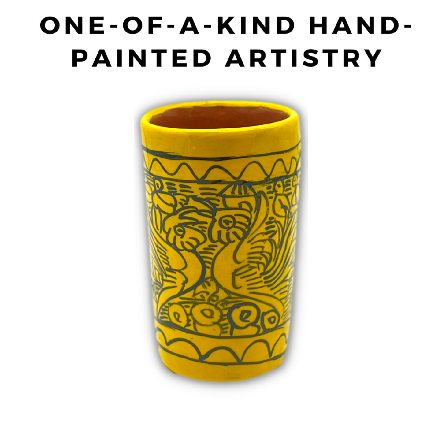 Yellow ceramic shot glasses, individually hand-painted in Mexico, perfect for tequila, mezcal, or other spirits, pack of 2.