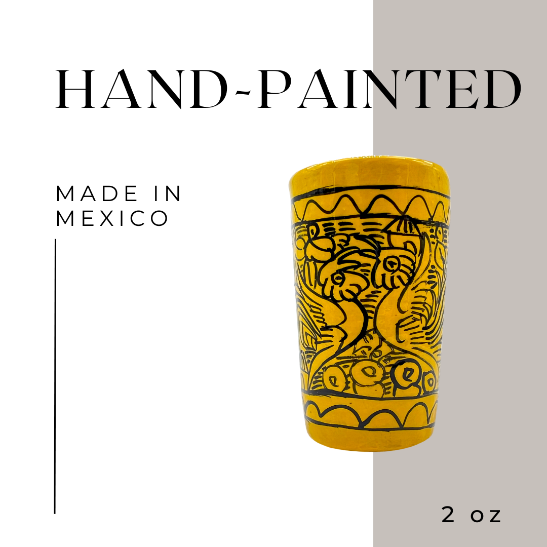 Yellow ceramic shot glasses, individually hand-painted in Mexico, perfect for tequila, mezcal, or other spirits, pack of 2.