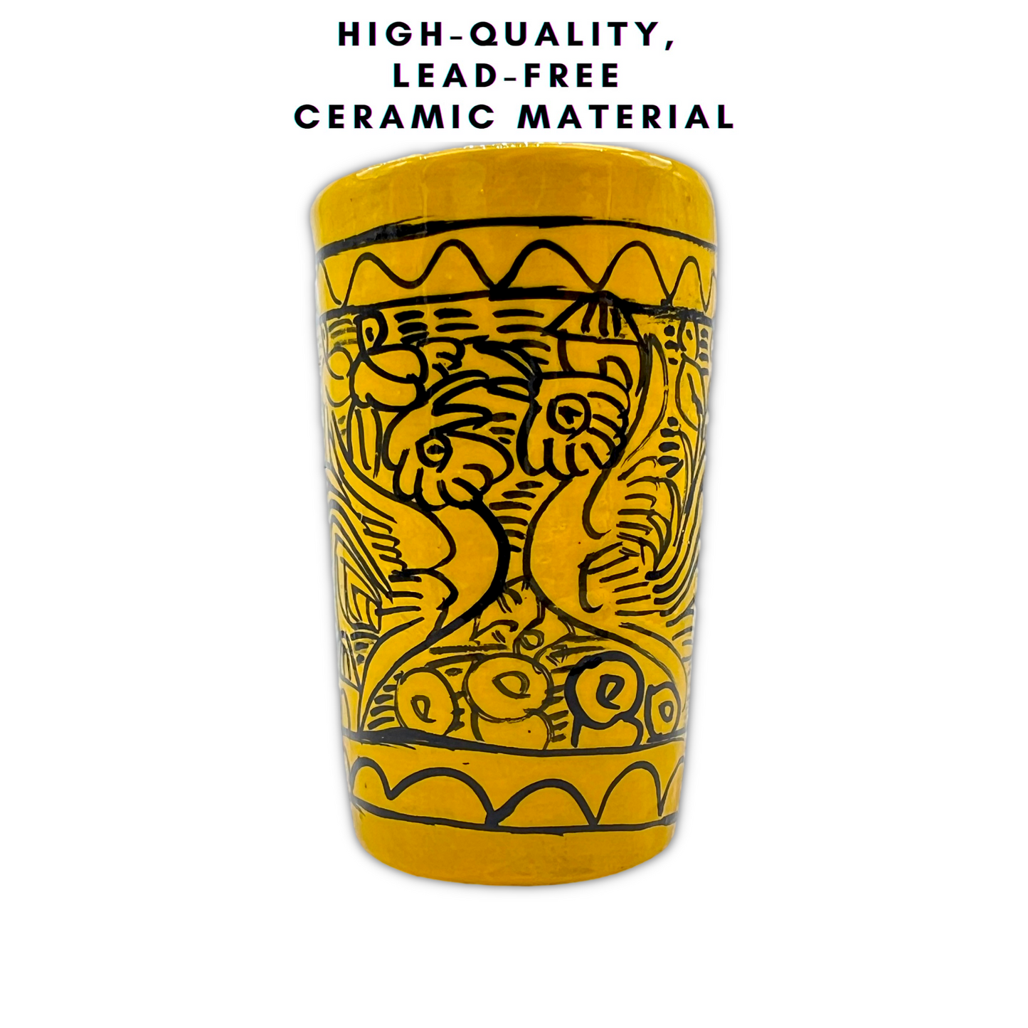 Yellow ceramic shot glasses, individually hand-painted in Mexico, perfect for tequila, mezcal, or other spirits, pack of 2.