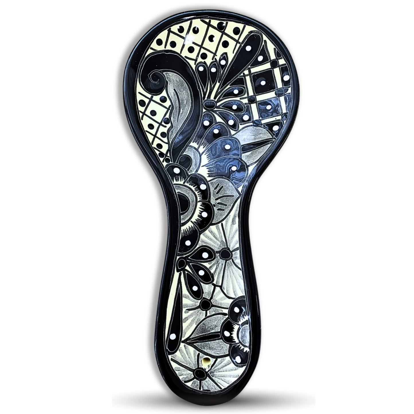 Hand Painted Talavera Ceramic Spoon Rest, a Black and White Floral Blanco/Negro design for kitchen décor, made by Mexican artisans.