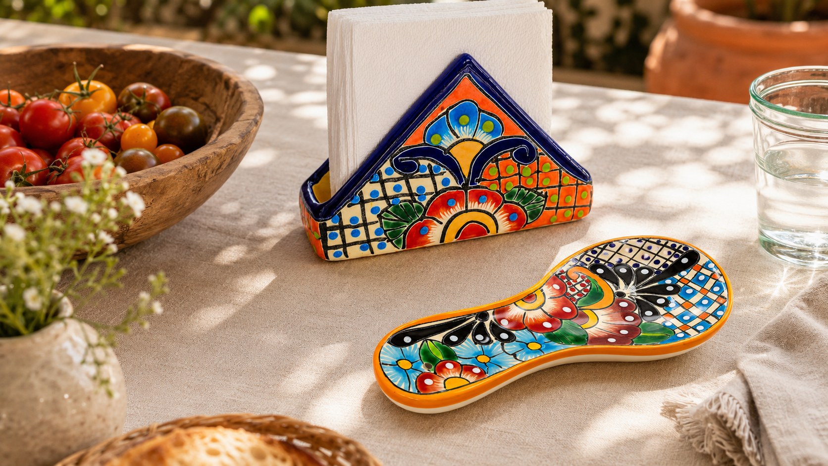 Hand-painted Mexican napkin holder and spoon rest on an outdoor table with tomatoes, bread and flowers