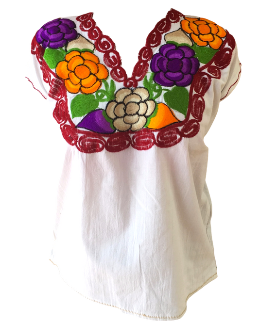 White Mexican Blouse with Flowers