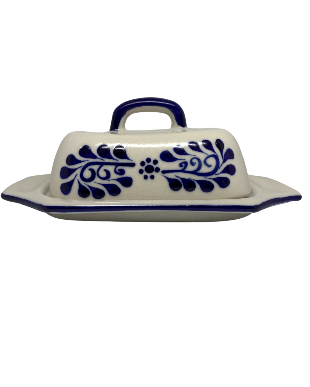 White Talavera-style butter dish with blue handle, front view