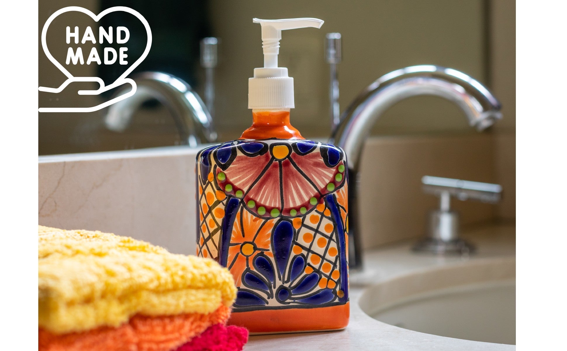 Casa Fiesta Designs Talavera Ceramic Soap & Lotion Dispenser, for Kitchen or Bathroom Countertops - Hand Painted Mexican