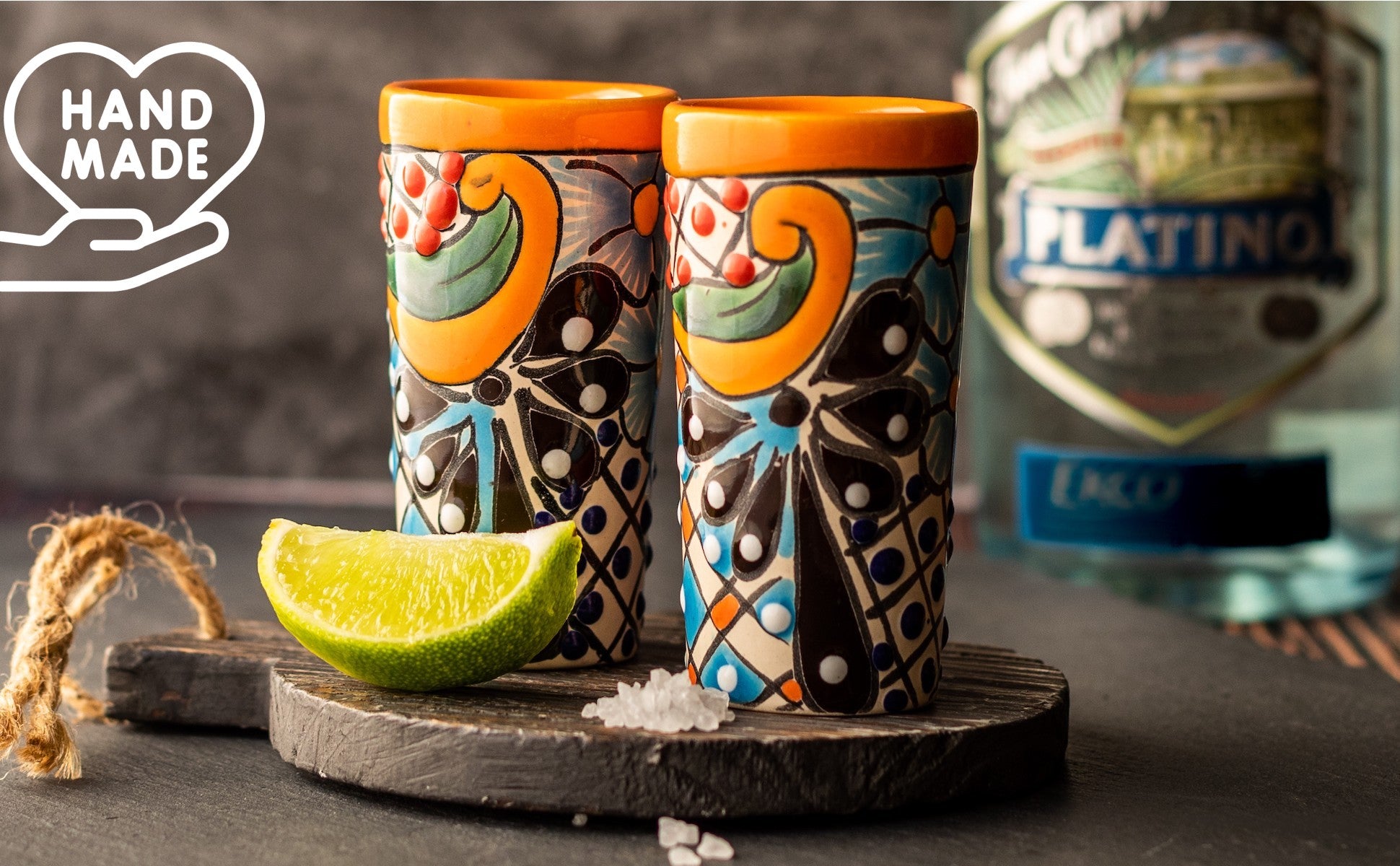 Colorful Mexican handmade tequilero shot set (2 ceramic shots), featuring multicolor Mexican folk art, made in Mexico for an authentic experience