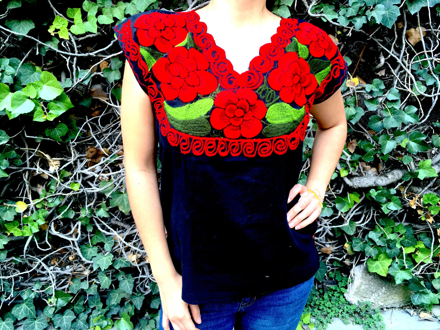 Mexican Blouse Black with Red Flowers