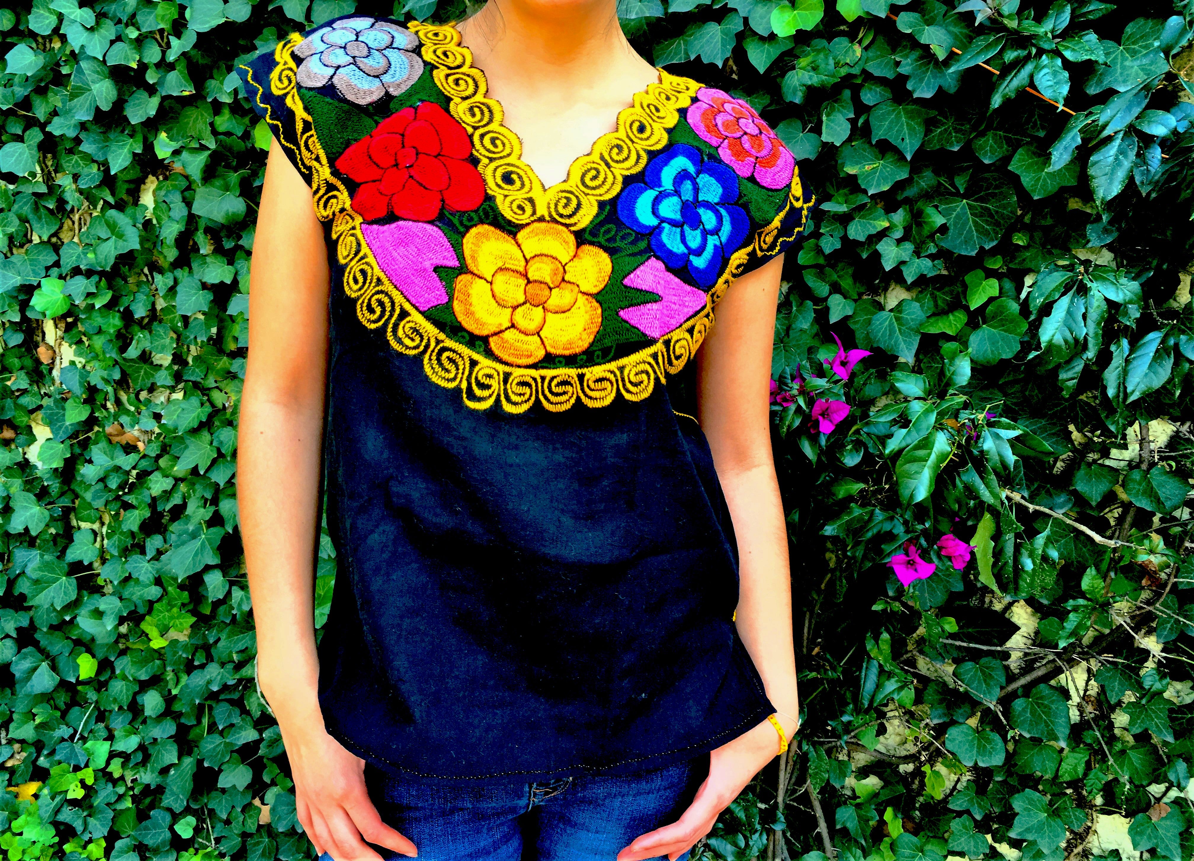 Black Mexican Blouse with Colorful Flowers