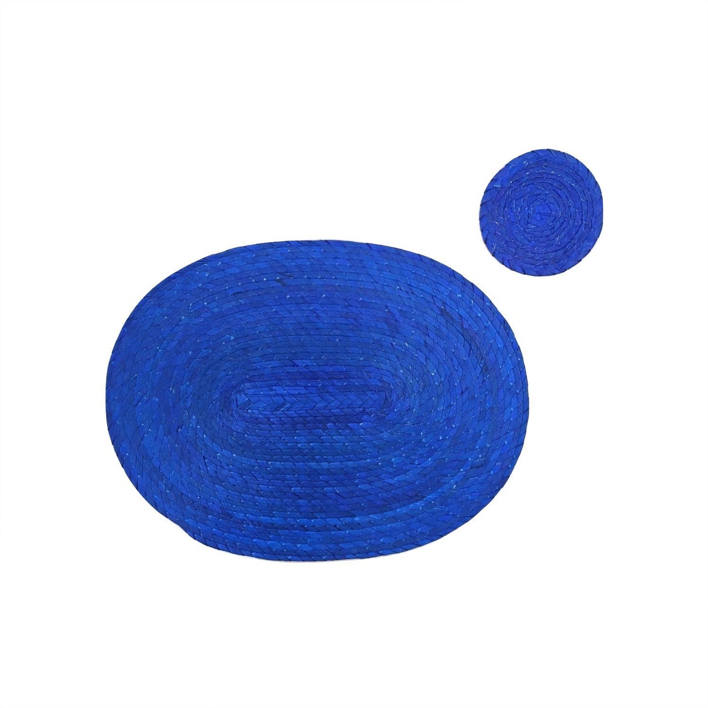 Royal blue woven palm leaf placemats and coasters set of 4, handmade in Mexico — side view