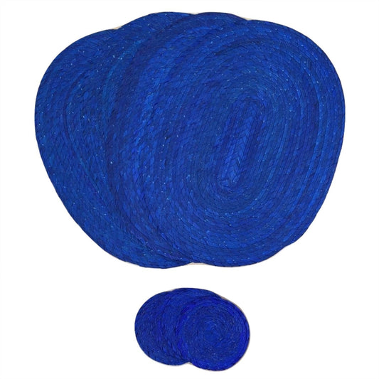 Royal blue woven palm leaf placemats and coasters set of 4, handmade in Mexico