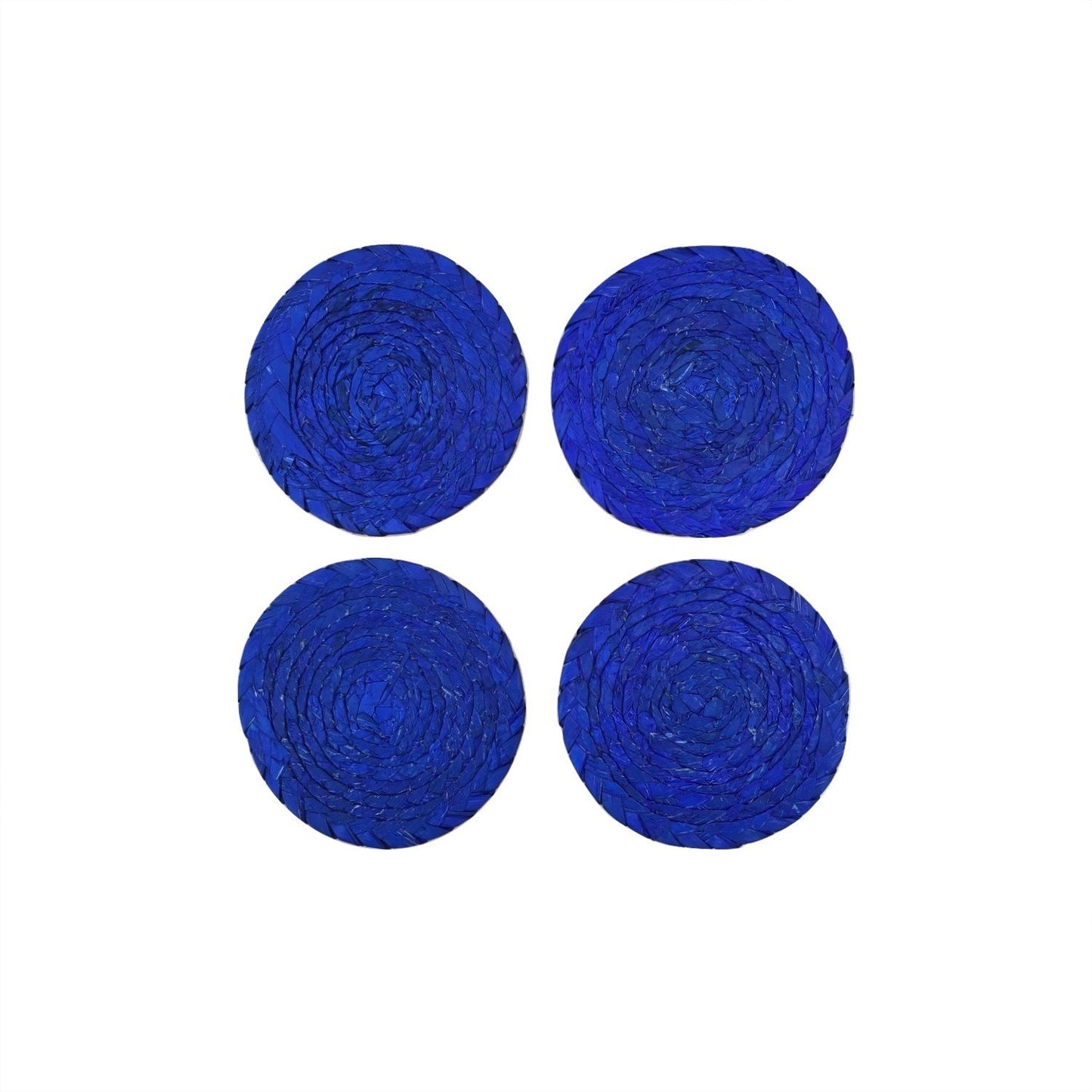 Royal blue woven palm leaf placemats and coasters set of 4, handmade in Mexico — detail view