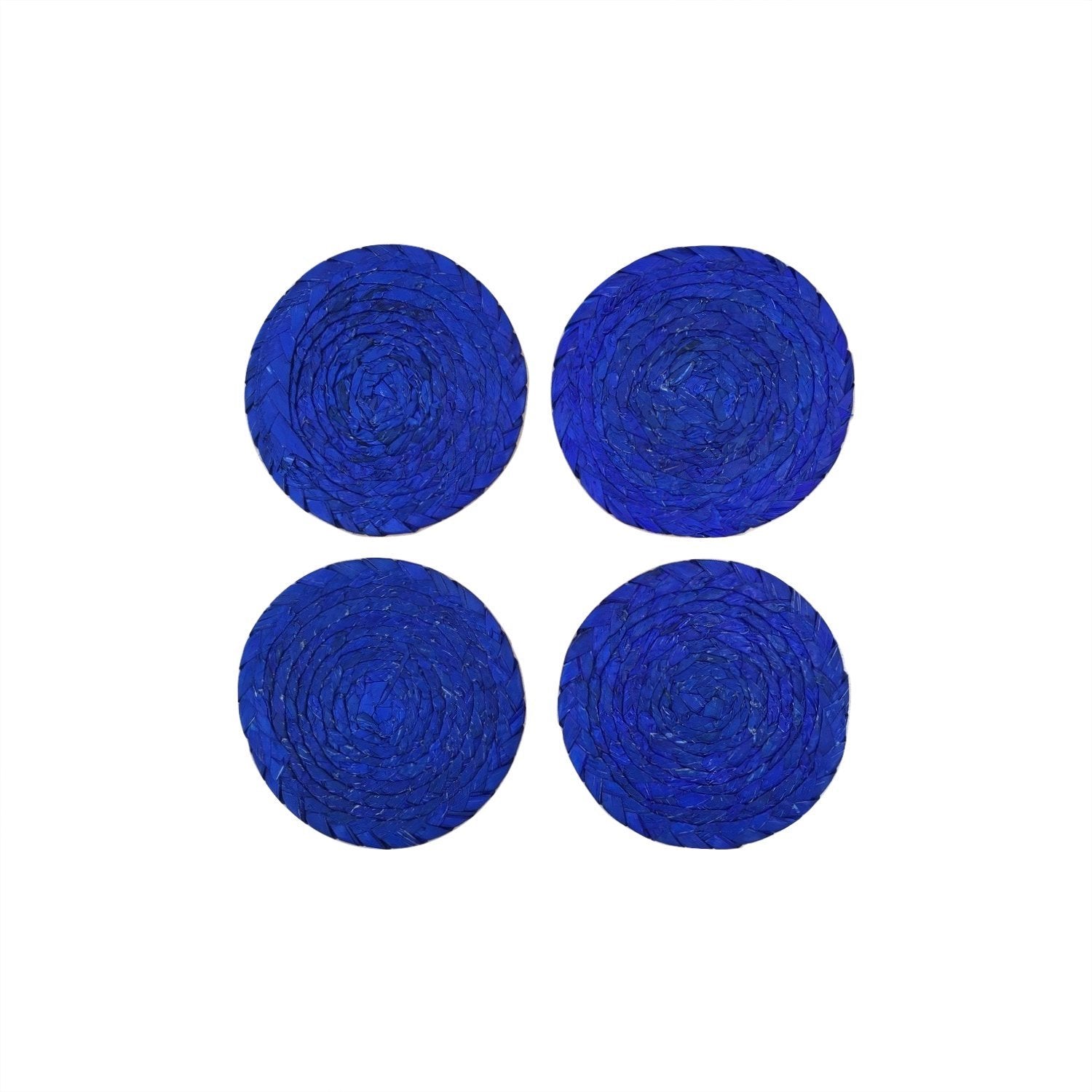 Royal blue woven palm leaf placemats and coasters set of 4, handmade in Mexico — detail view