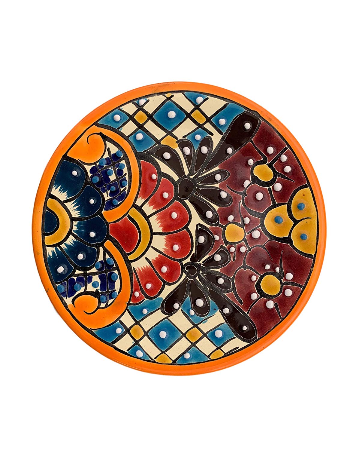 Exquisite Mexican handmade Talavera plate featuring vibrant handpainted Mexican folk art designs, made in Mexico for an authentic and unique dish experience.