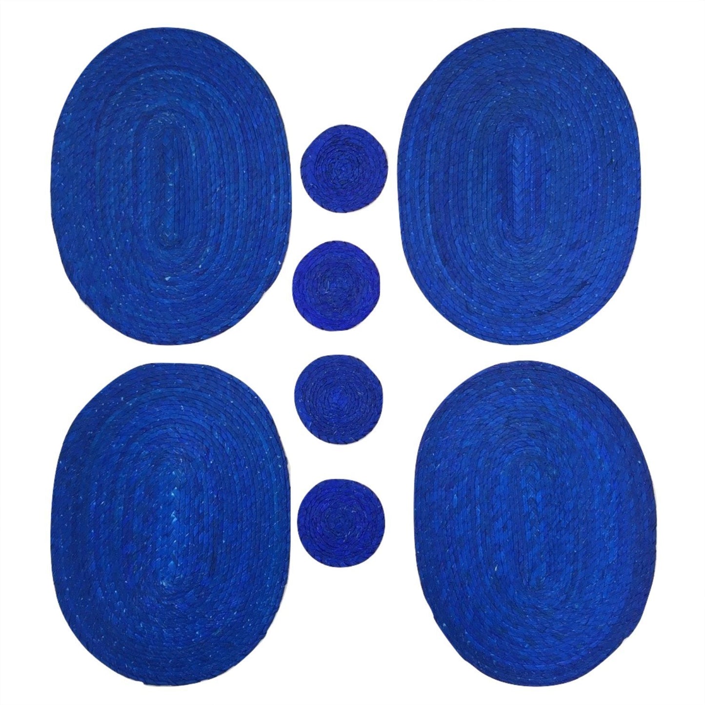 Royal blue woven palm leaf placemats and coasters set of 4, handmade in Mexico — alternate angle