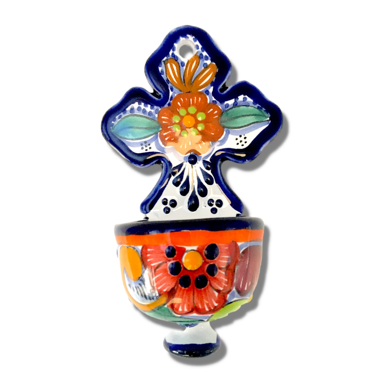 Mexican handmade Talavera holy water font, vibrant hand-painted folk art, made in Mexico, authentic religious decor