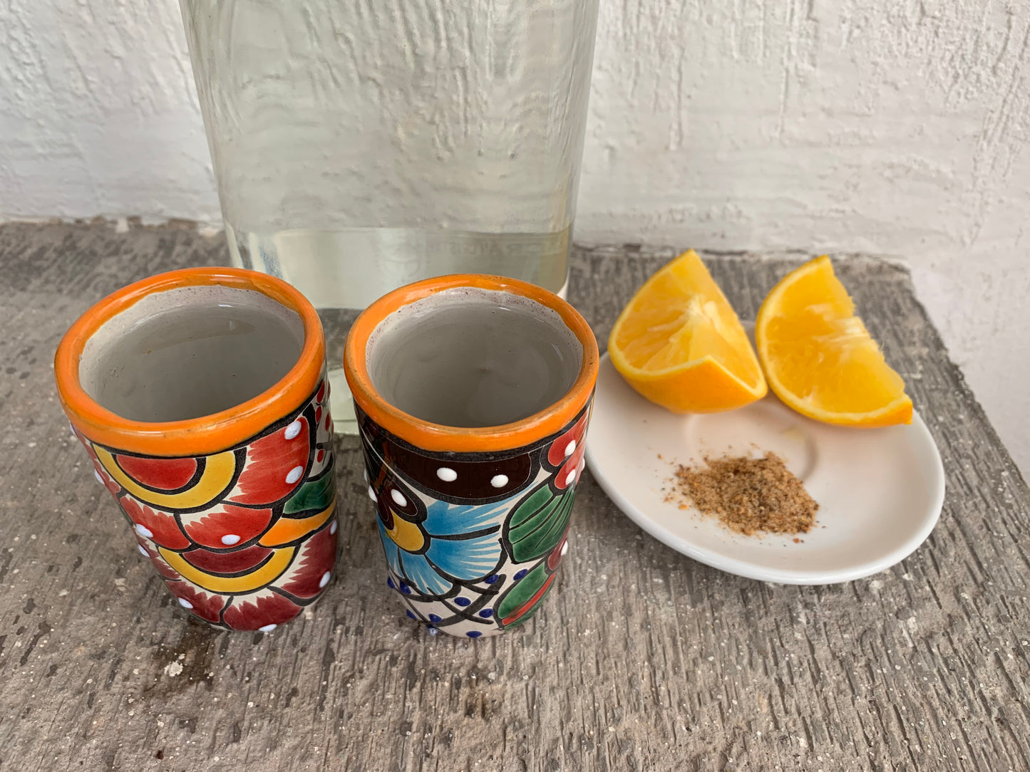 Colorful Mexican handmade tequilero shot set (2 ceramic shots), featuring multicolor Mexican folk art, made in Mexico for an authentic experience