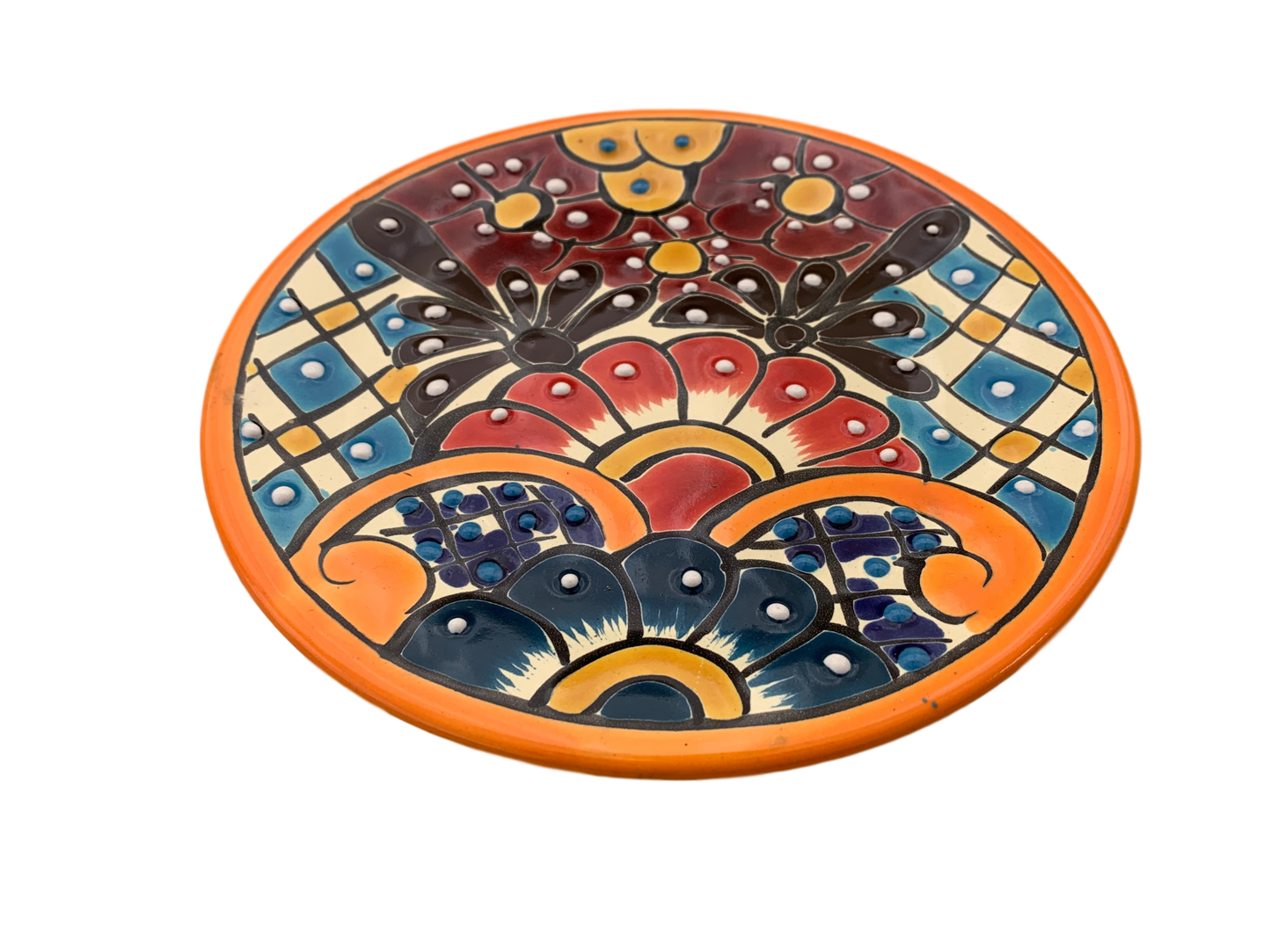 Exquisite Mexican handmade Talavera plate featuring vibrant handpainted Mexican folk art designs, made in Mexico for an authentic and unique dish experience.