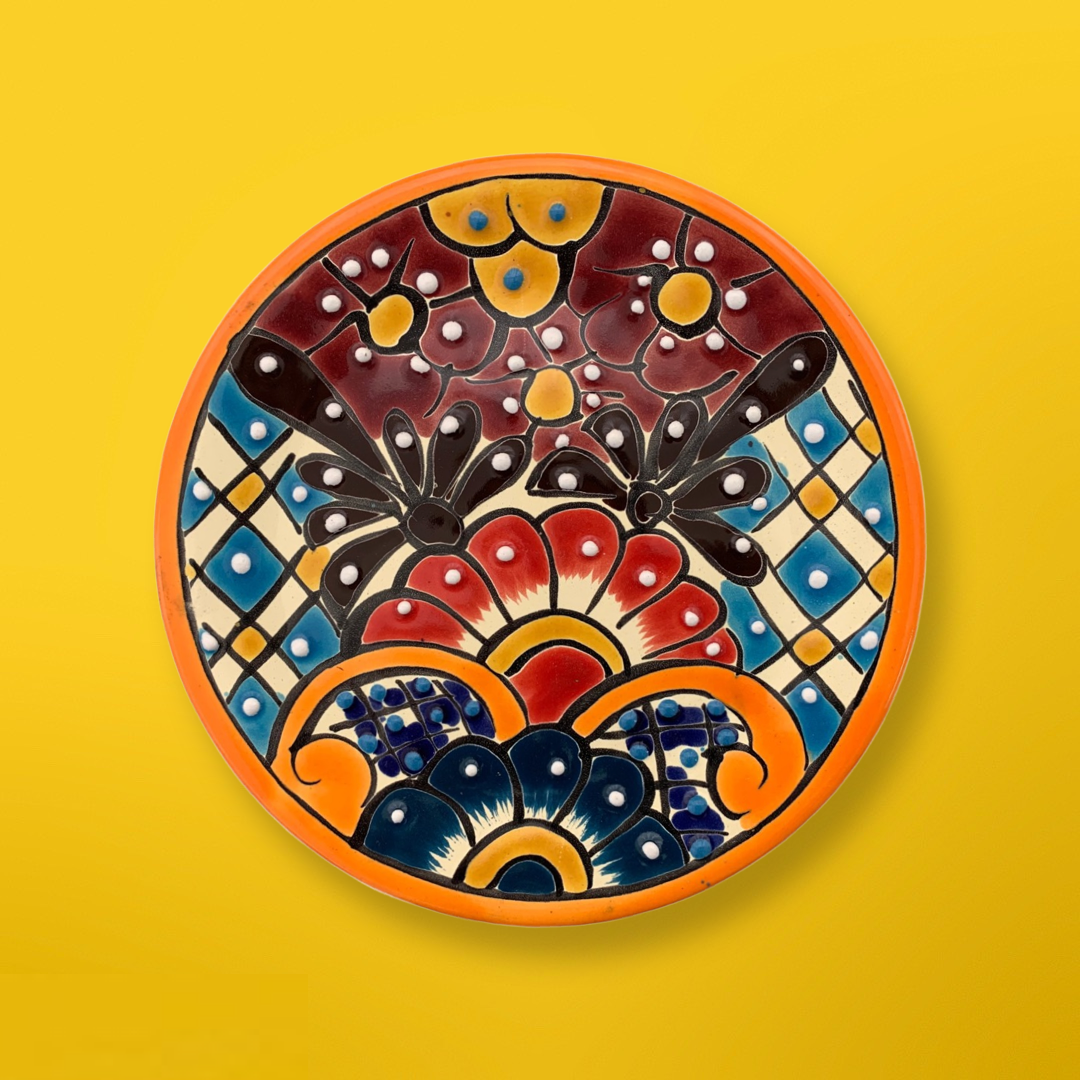 Exquisite Multicolor Mexican handmade Talavera Colorful plate featuring vibrant handpainted Mexican folk art designs, made in Mexico for an authentic and unique dish experience.