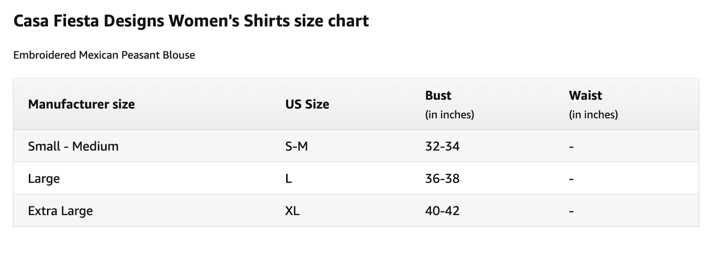 Colorful Mexican Blouse with flowers  Size Chart
