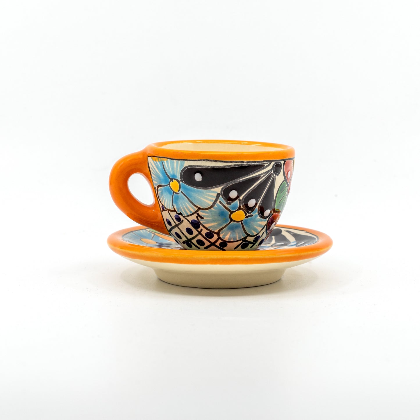 Vibrant Mexican handmade espresso set with ceramic cup & saucer, showcasing colorful handpainted folk art, made in Mexico for a unique touch