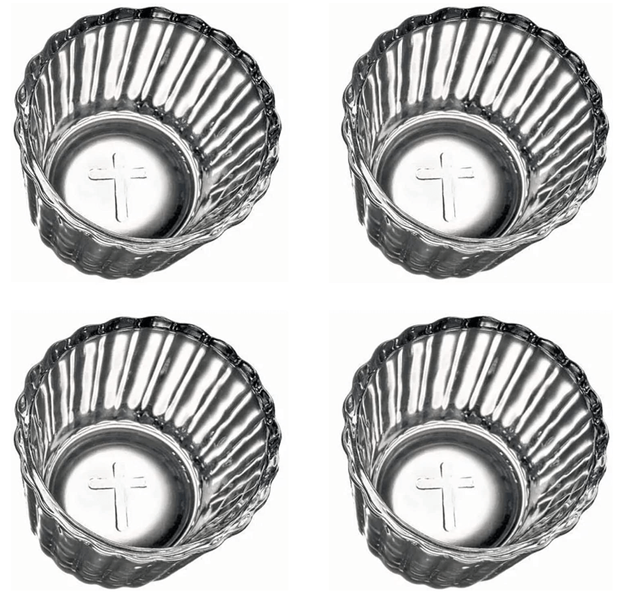 A set of 4 Mexican Vaso Veladoras shot glasses, lead-free, with a unique cross symbol at the base, perfect for serving Mezcal, Tequila, and Sangrita.